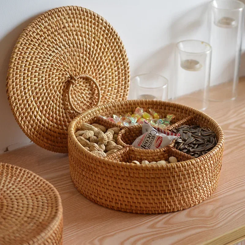 Food Snacks Basket - Natural Rattan Box 5 Grid Handwoven